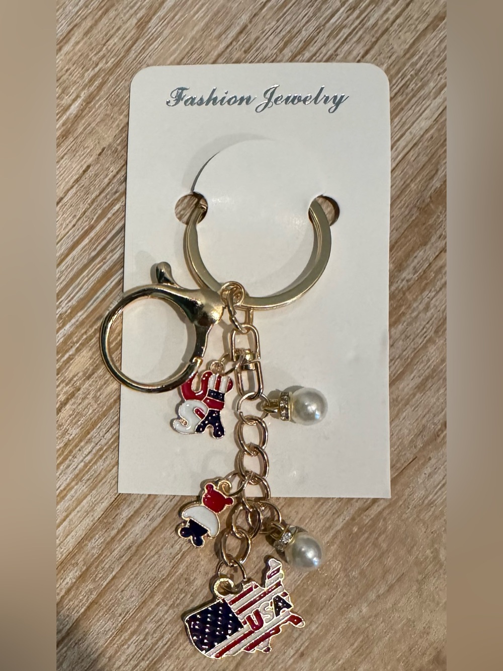 USA Flag/Patriotic Charm Keychain/Bag Charm with Faux Pearls